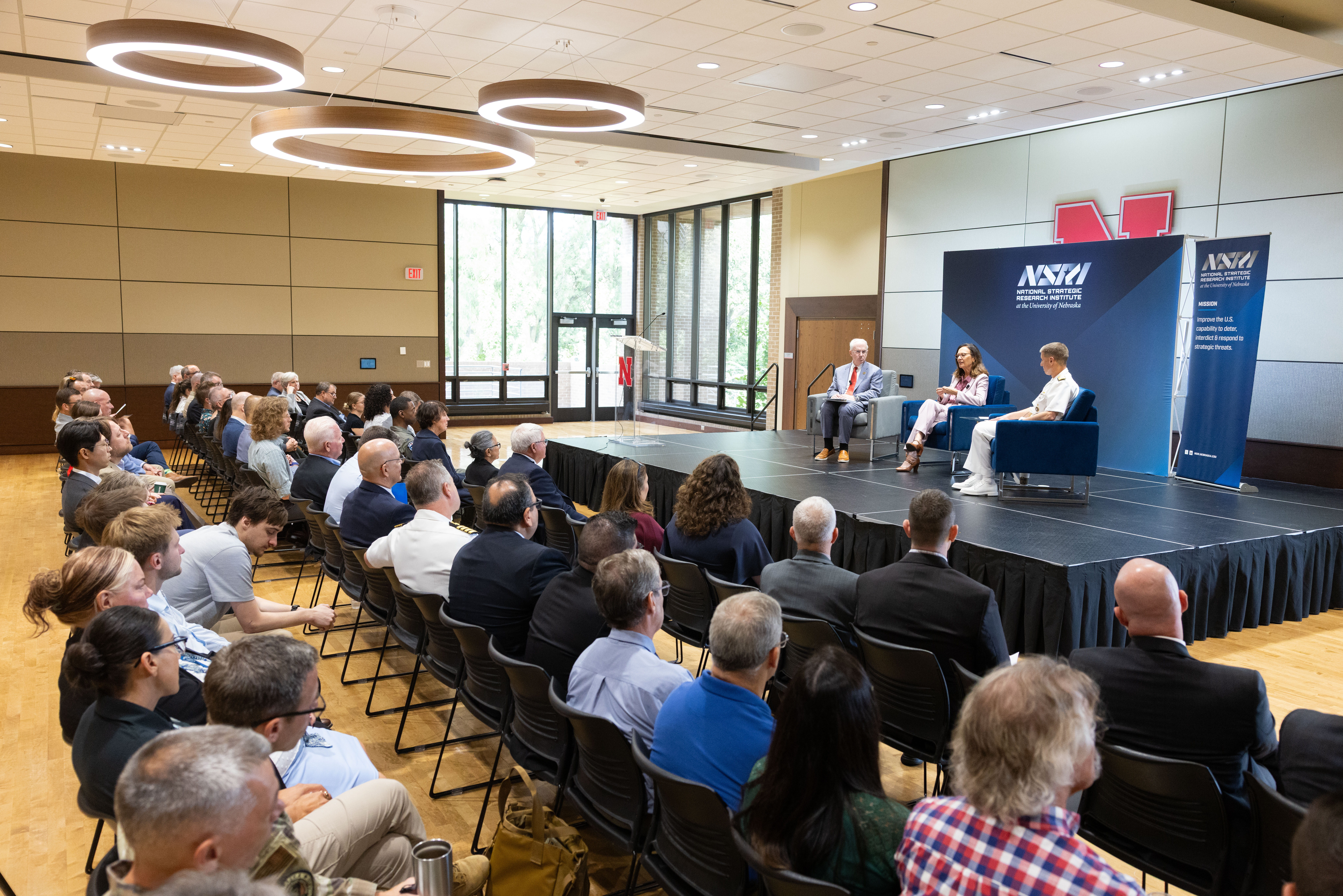 Nearly 70 defense, national and state leaders gathered with University of Nebraska faculty, students and administrators at the NSRI Research Showcase to hear from U.S. Senator Deb Fischer, ADM Rich Correll, Commander of U.S. Strategic Command, and Dr. Jeffrey P. Gold, University of Nebraska System President.September 8, 2026, University of Nebraska–Lincoln East Campus Union, Lincoln, Nebraska. 