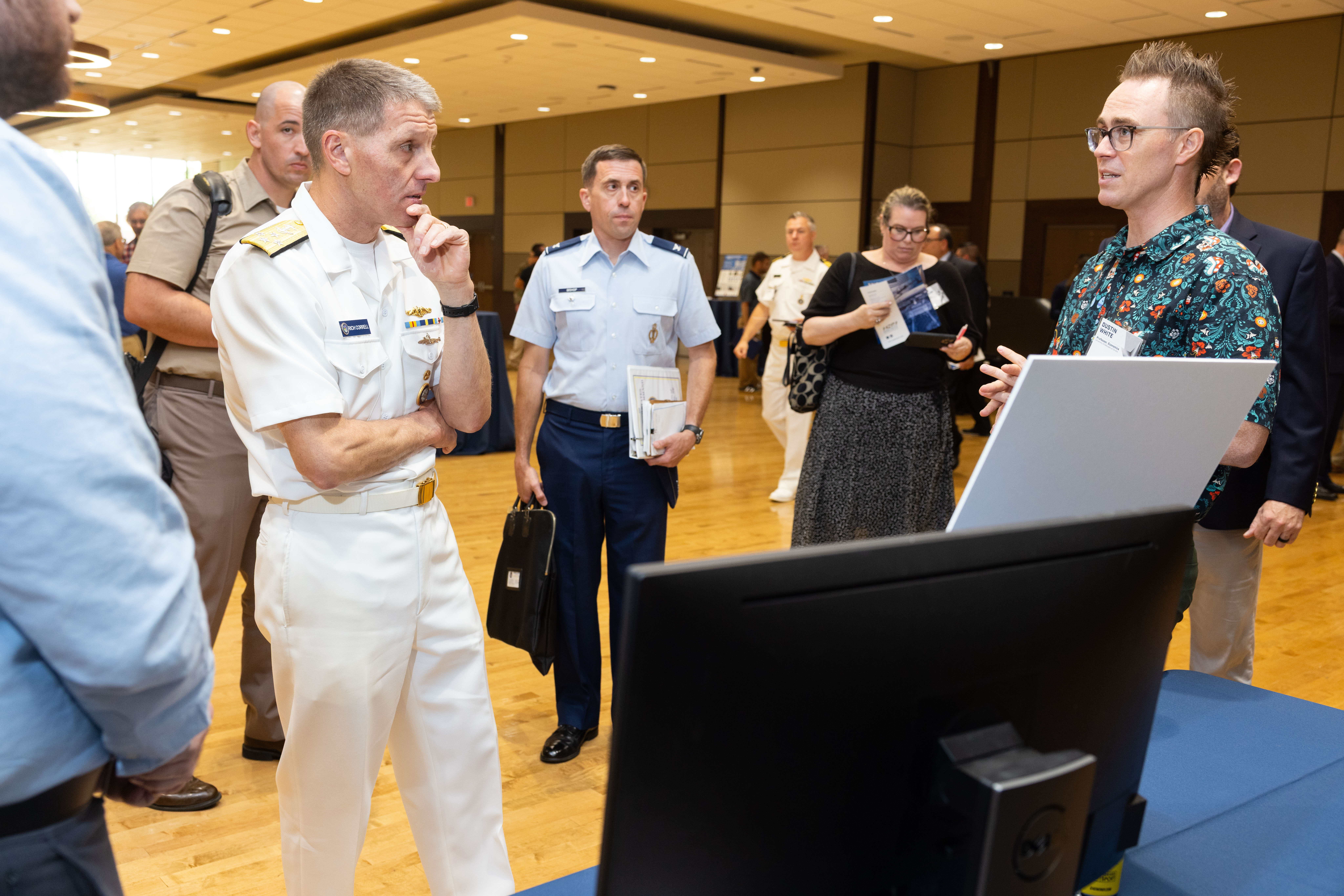 ADM Rich Correll, Commander of U.S. Strategic Command, talks with Dr. Dustin White, professor of economics at the University of Nebraska at Omaha College of Business Administration, about a research and development project that is modernizing the command’s strategic mission planning and execution system. September 8, 2026, University of Nebraska–Lincoln East Campus Union, Lincoln, Nebraska.